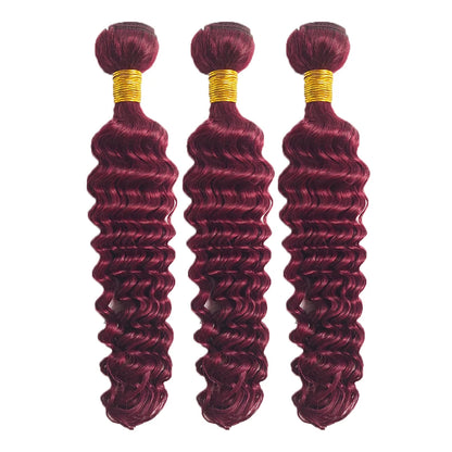 Mèches Birmanes Curly Bordeaux 99J – Deep Wave Remy 16-30 Pouces, 1/3/4 Paquets