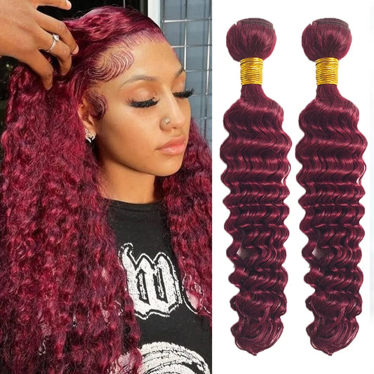 Mèches Birmanes Curly Bordeaux 99J – Deep Wave Remy 16-30 Pouces, 1/3/4 Paquets