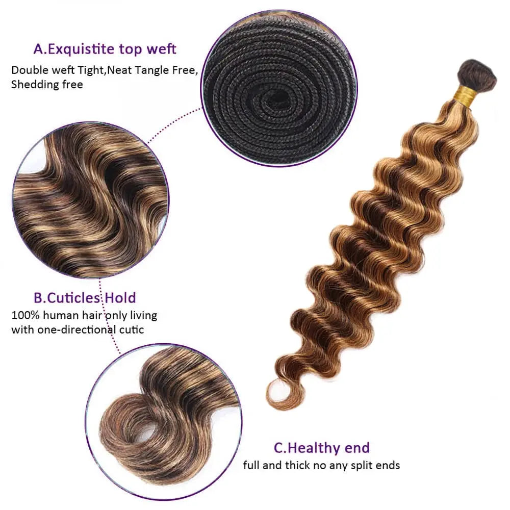 Mèches Brésiliennes Deep Wave P4/27 | Brun & Blond Doré | Cheveux Humains Remy 100% Vierges