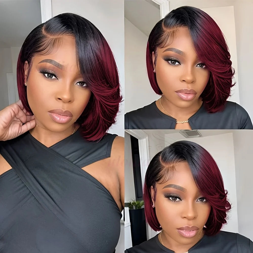 Perruque Bob Pixie Cut Malaisienne Ombre 1B/99J – Remy Sans Colle, Courte & Prête à Porter