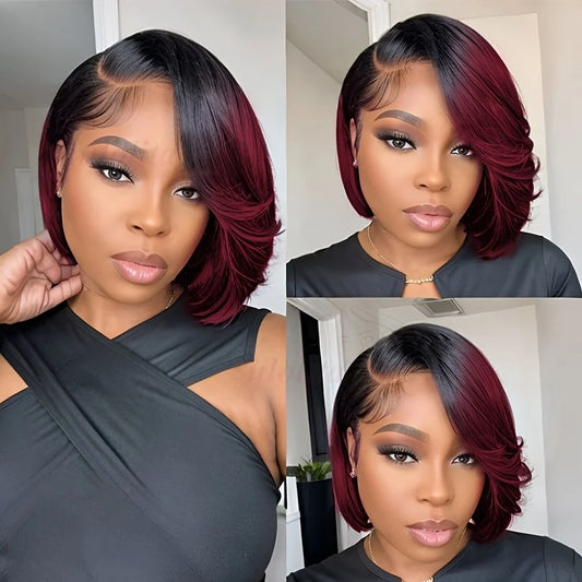 Perruque Bob Pixie Cut Malaisienne Ombre 1B/99J – Remy Sans Colle, Courte & Prête à Porter