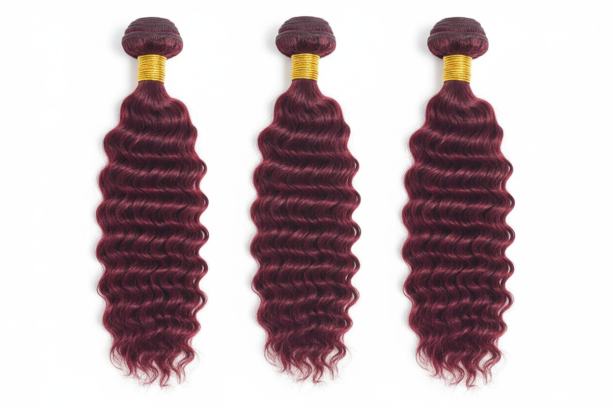 Mèches Birmanes Curly Bordeaux 99J – Deep Wave Remy 16-30 Pouces, 1/3/4 Paquets